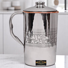 Copper Jug With Steel Outside Etching Design 2000 ML - CROCKERY WALA AND COMPANY