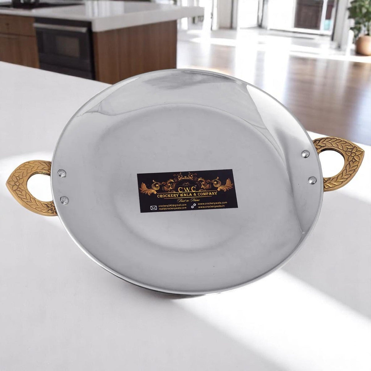 Copper Serving Platter Round With Brass Handles 14 Inch - CROCKERY WALA AND COMPANY