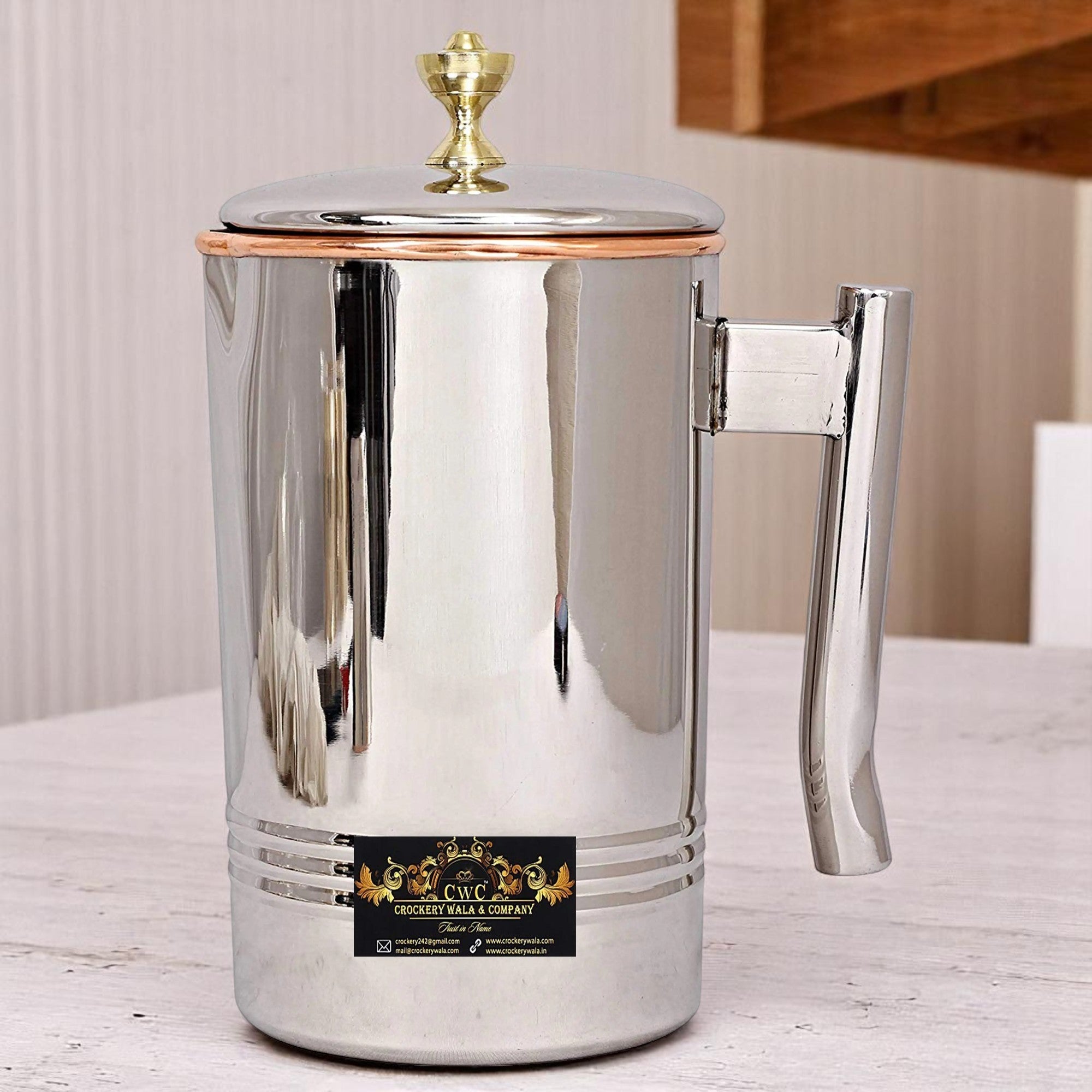 Crockery Wala Steel Copper Jug Pitcher with Brass Knob 1000 ML Crockery Wala And Company Ltd