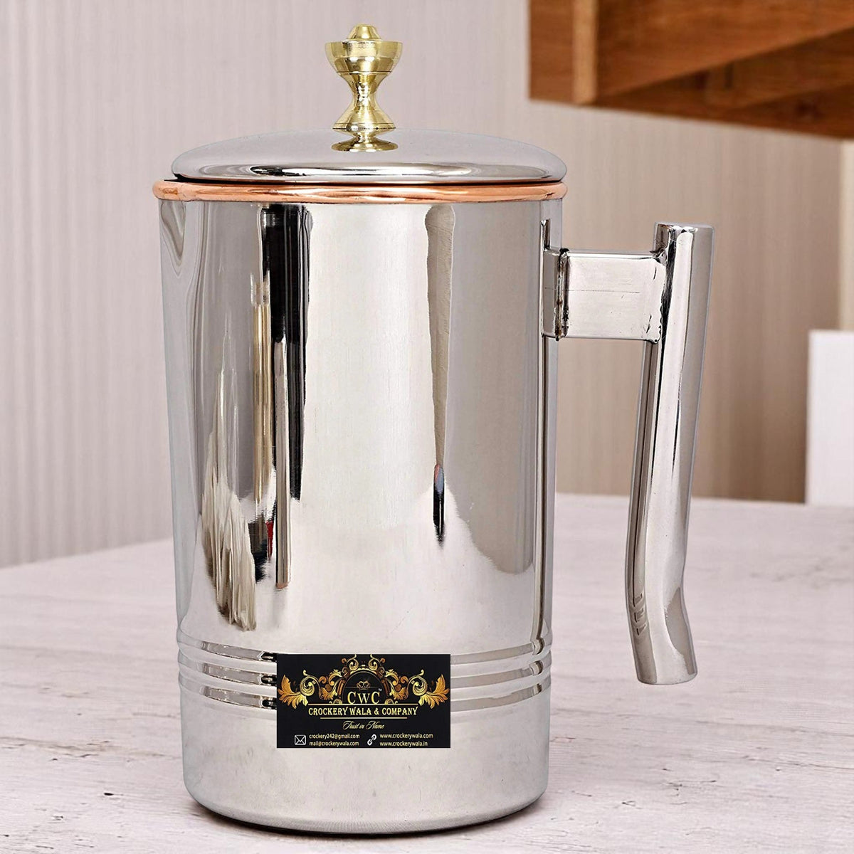 Crockery Wala Steel Copper Jug Pitcher with Brass Knob 1000 ML Crockery Wala And Company Ltd