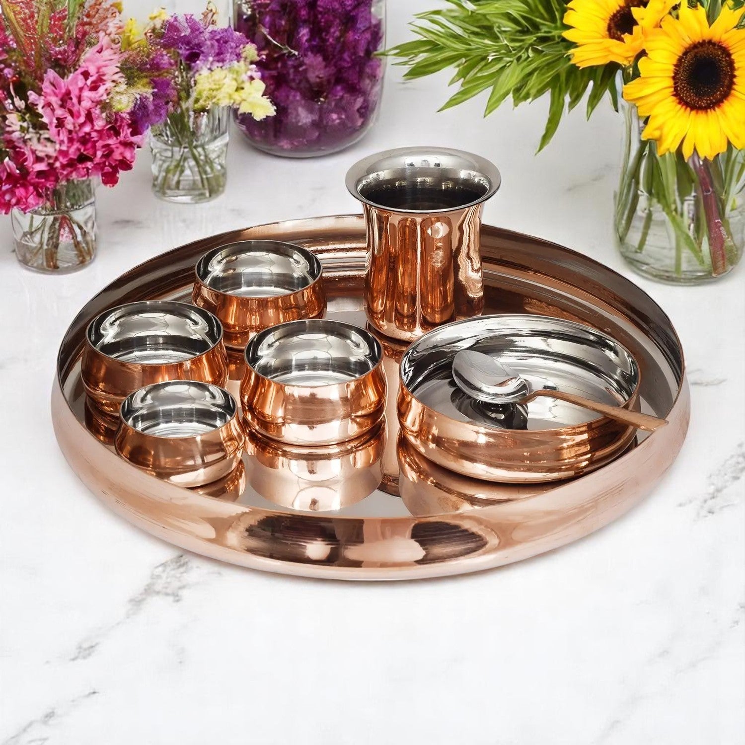 Copper Steel Thali Set Royal Curved Shiny Look 8 Piece Set Crockery Wala And Company Ltd