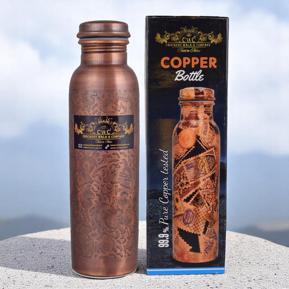 Pure Copper Water Bottle Antique Finish With All Over Design