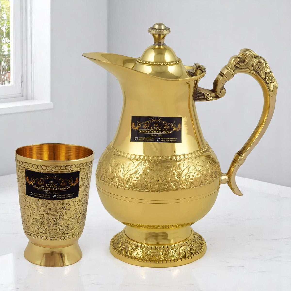 Crockery Wala And Company Brass Royal Mughalai Jug Glass Set - CROCKERY WALA AND COMPANY