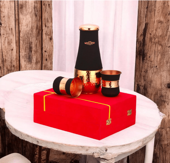 Crockery Wala and Company Copper Bottle and Glass Gift Set Curve Designer Cherry 1 L - CROCKERY WALA AND COMPANY