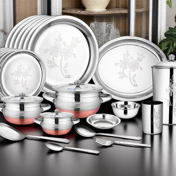 CROCKERY WALA AND COMPANY Laser Finish Stainless Steel Dinner Set, 63 Pieces, Silver - CROCKERY WALA AND COMPANY