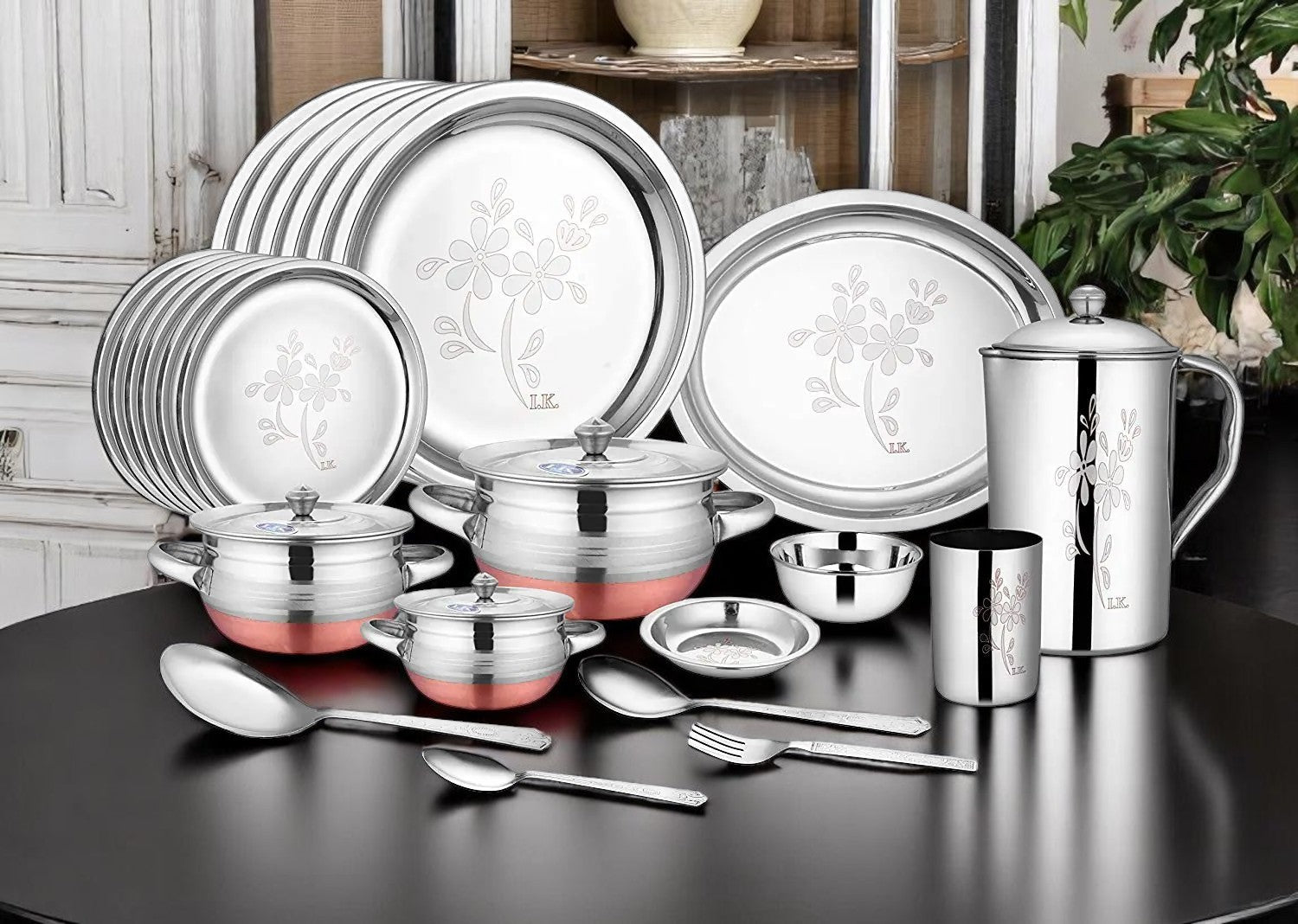 CROCKERY WALA AND COMPANY Laser Finish Stainless Steel Dinner Set, 63 Pieces, Silver - CROCKERY WALA AND COMPANY