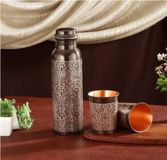 Crockery Wala And Company Pure Copper Bottle With 2 Glass Gift Set Antique Itching Regular 1 Litres - CROCKERY WALA AND COMPANY