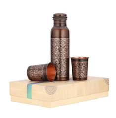 Crockery Wala And Company Pure Copper Bottle With 2 Glass Gift Set Antique Itching Regular 1 Litres - CROCKERY WALA AND COMPANY