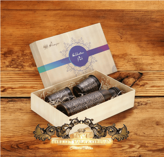 Crockery Wala And Company Pure Copper Bottle With 2 Glass Gift Set Antique Itching Regular 1 Litres - CROCKERY WALA AND COMPANY