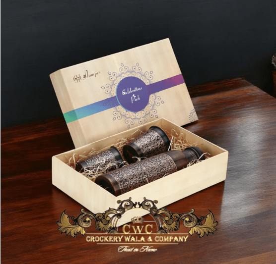 Crockery Wala And Company Pure Copper Bottle With 2 Glass Gift Set Antique Itching Regular 1 Litres - CROCKERY WALA AND COMPANY