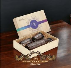 Crockery Wala And Company Pure Copper Bottle With 2 Glass Gift Set Antique Itching Regular 1 Litres - CROCKERY WALA AND COMPANY