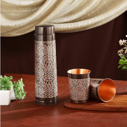 Crockery Wala And Company Pure Copper Bottle With 2 Glass Gift Set Antique Itching Tower - CROCKERY WALA AND COMPANY