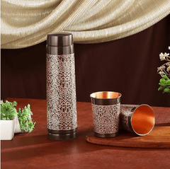 Crockery Wala And Company Pure Copper Bottle With 2 Glass Gift Set Antique Itching Tower - CROCKERY WALA AND COMPANY