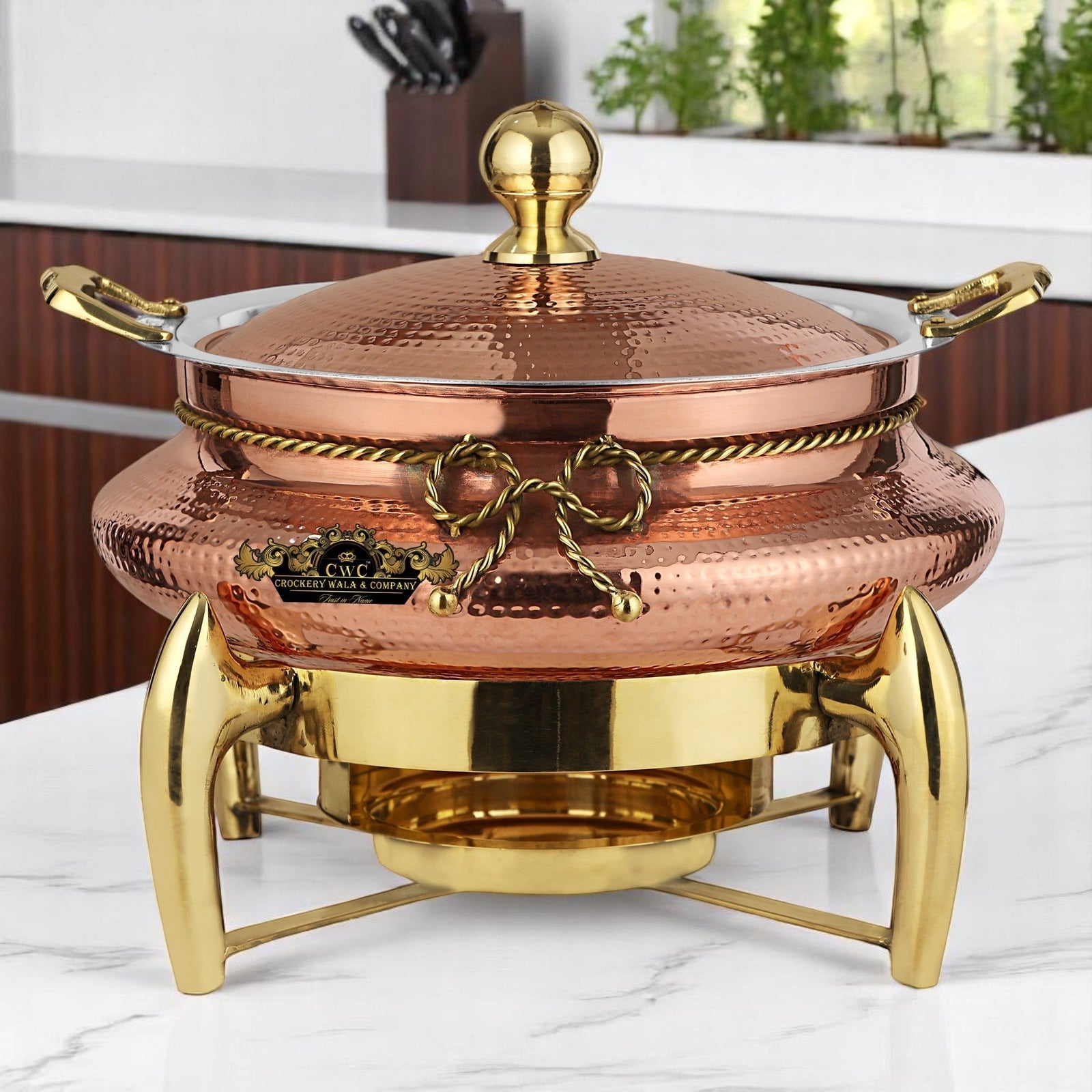 Crockery Wala And Company Pure Copper Chafing Dish New Jersey Style 6 litres - CROCKERY WALA AND COMPANY