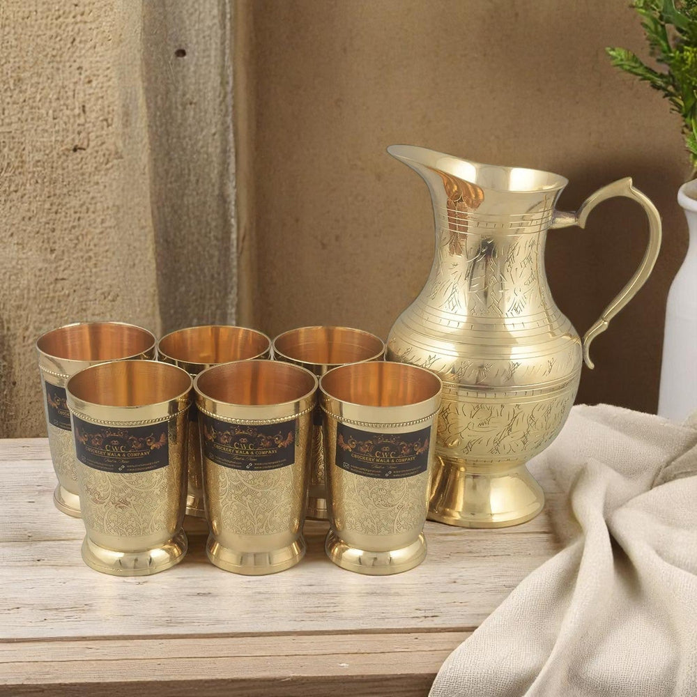 Crockery Wala Brass Mughalai Jug With 6 Brass Glasses 1500 ML - CROCKERY WALA AND COMPANY
