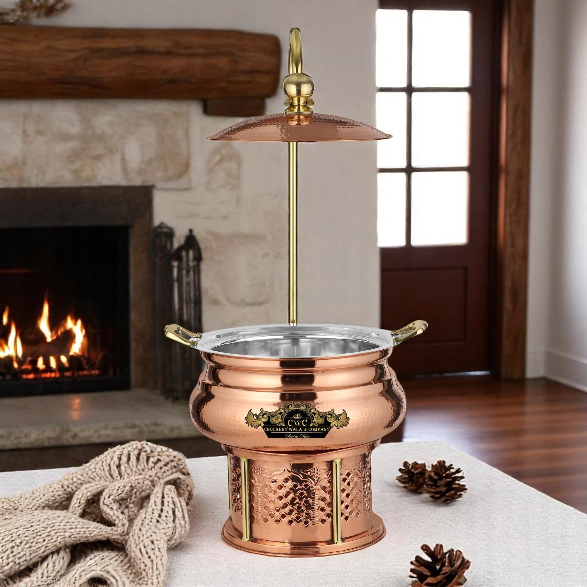 Crockery Wala Copper Steel Chaffing Dish 6 Liters With Stand - CROCKERY WALA AND COMPANY