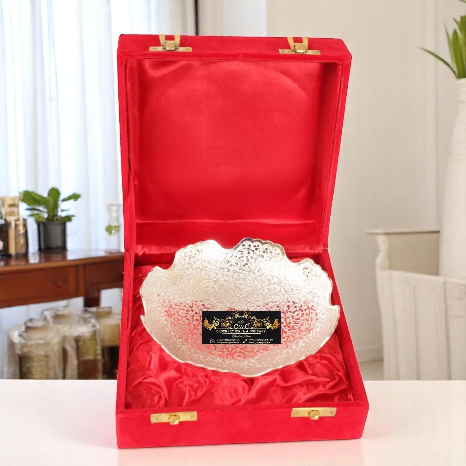 Silver Plated Round Designer Bowl With Red Velvet Box Crockery Wala And Company Ltd