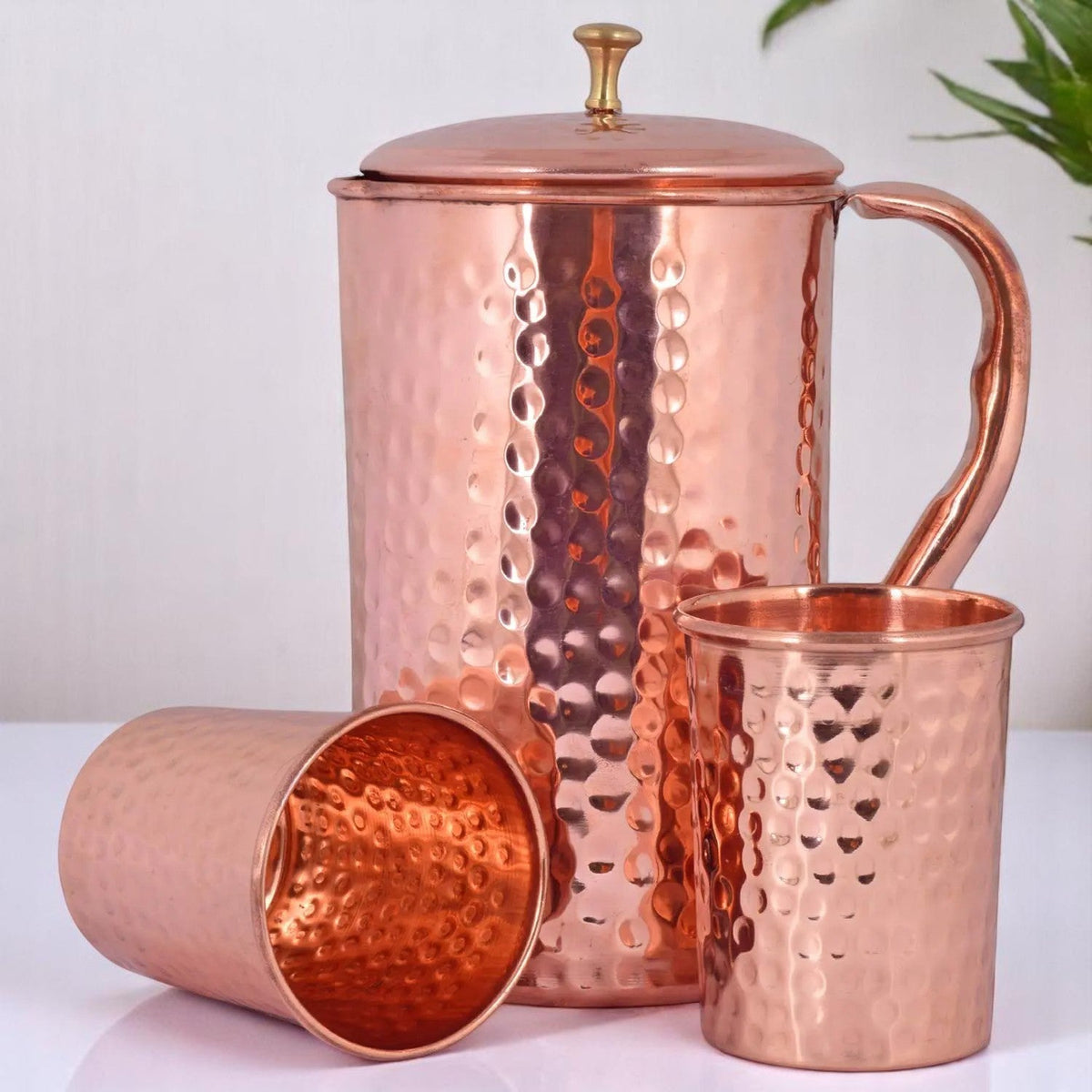Pure Copper Pitcher Jug Jar Hammered Finish With 2 Glass Crockery Wala And Company