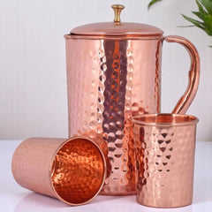 Pure Copper Pitcher Jug Jar Hammered Finish With 2 Glass Crockery Wala And Company