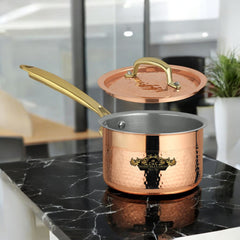Pure Copper Sauce Pan With Kalai And Lid Hammered Finish CROCKERY WALA AND COMPANY