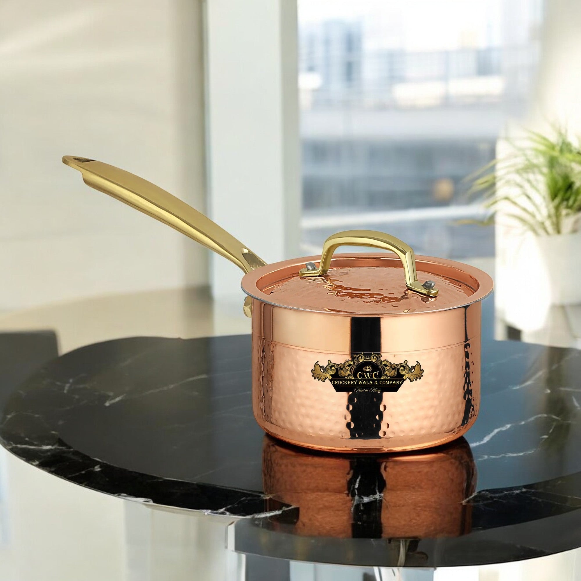 Pure Copper Sauce Pan With Kalai And Lid Hammered Finish CROCKERY WALA AND COMPANY