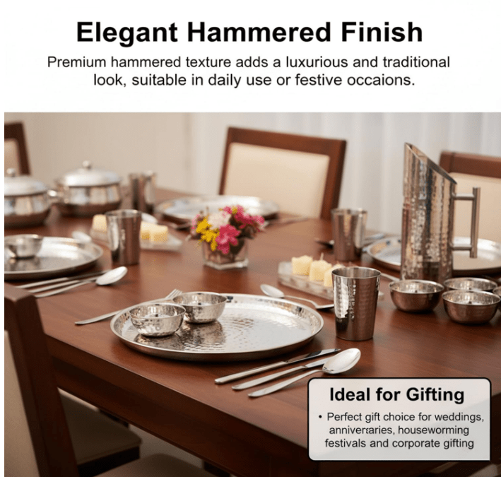 Premium 51 - Piece Stainless Steel Hammered Finish Dinner Set - CROCKERY WALA AND COMPANY