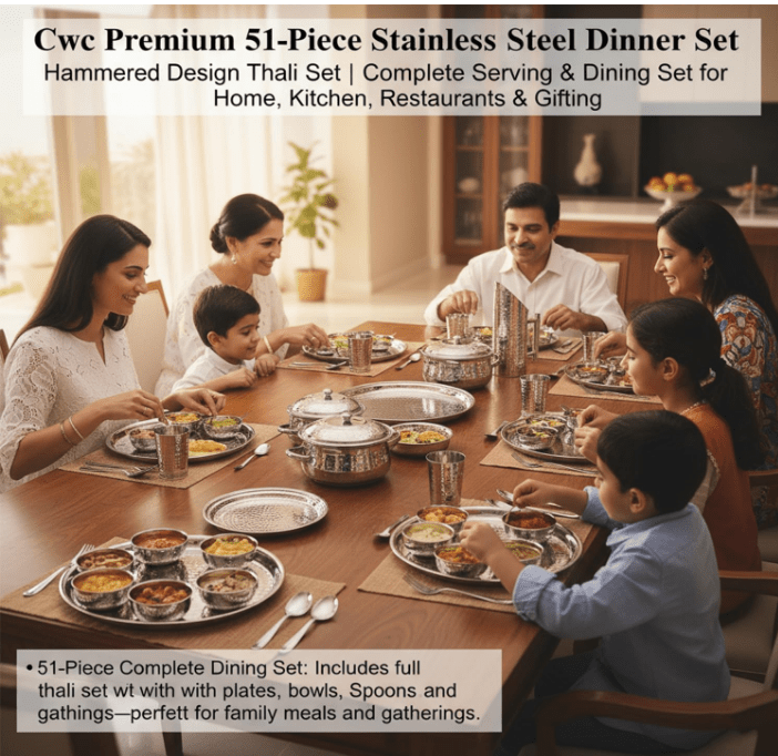 Premium 51 - Piece Stainless Steel Hammered Finish Dinner Set - CROCKERY WALA AND COMPANY