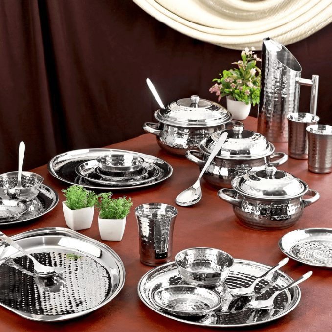 Premium 51 - Piece Stainless Steel Hammered Finish Dinner Set - CROCKERY WALA AND COMPANY