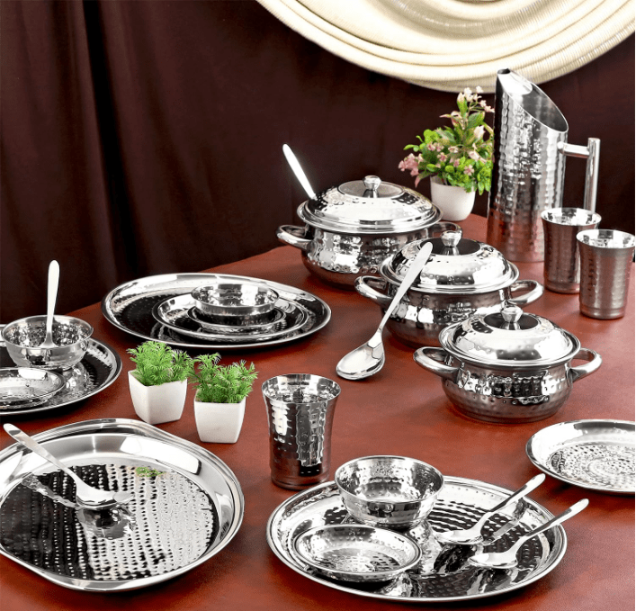 Premium 51 - Piece Stainless Steel Hammered Finish Dinner Set - CROCKERY WALA AND COMPANY