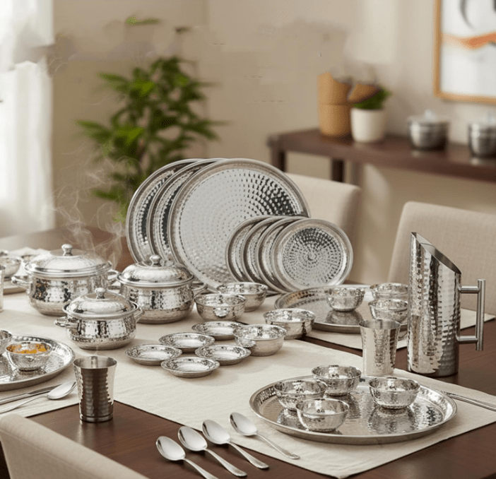Premium 51 - Piece Stainless Steel Hammered Finish Dinner Set - CROCKERY WALA AND COMPANY