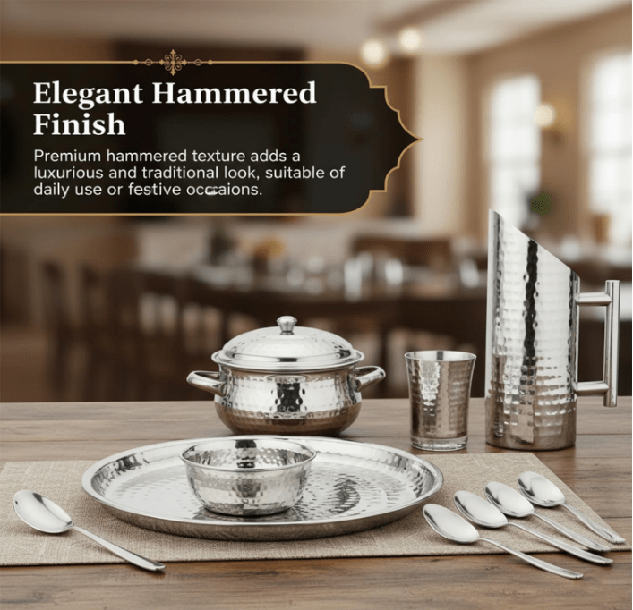 Premium 51 - Piece Stainless Steel Hammered Finish Dinner Set - CROCKERY WALA AND COMPANY