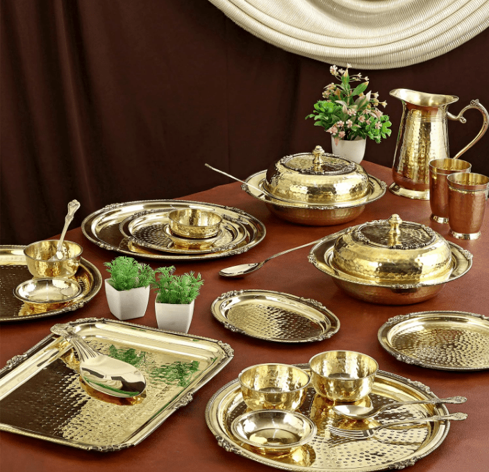 Premium 70 - Piece Pure Brass Dinner Set | Hammered Design - CROCKERY WALA AND COMPANY