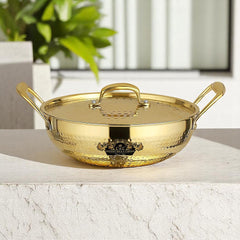 Premium Brass Karhai With Lid Tinned Inside Finish - CROCKERY WALA AND COMPANY