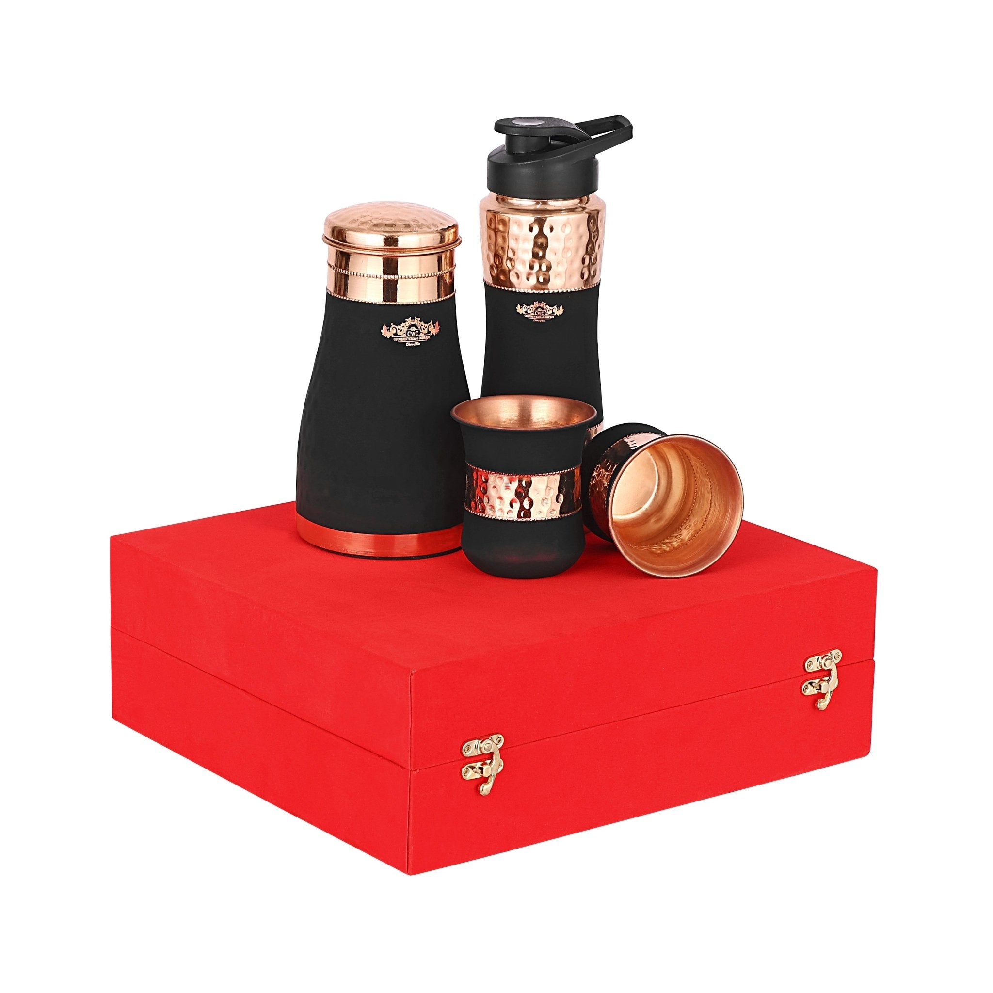 Premium Gift Set of Pure Copper Cherry Water Bottle with Jar & 2Glasses. - CROCKERY WALA AND COMPANY