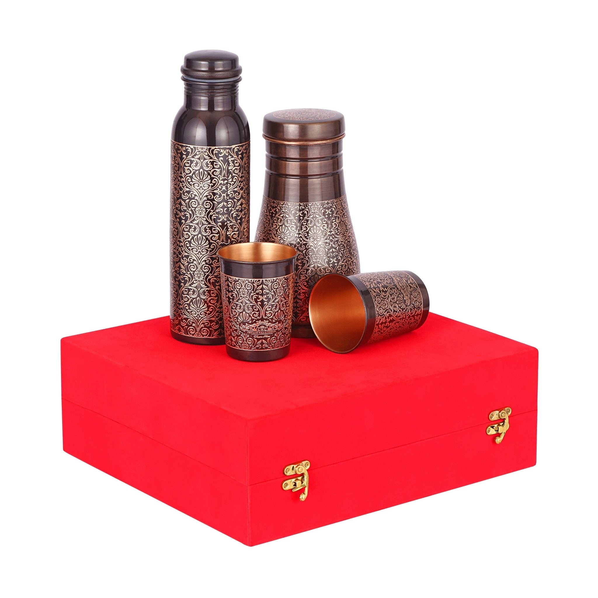 Premium Gift Set Pure Copper Water Bottle Bedside Jar and 2 Glasses - CROCKERY WALA AND COMPANY