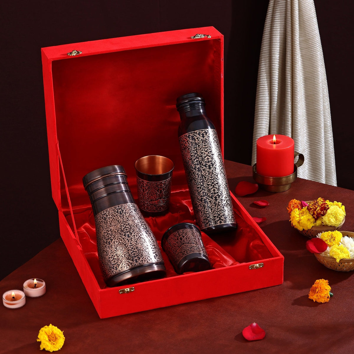 Premium Gift Set Pure Copper Water Bottle Bedside Jar and 2 Glasses - CROCKERY WALA AND COMPANY