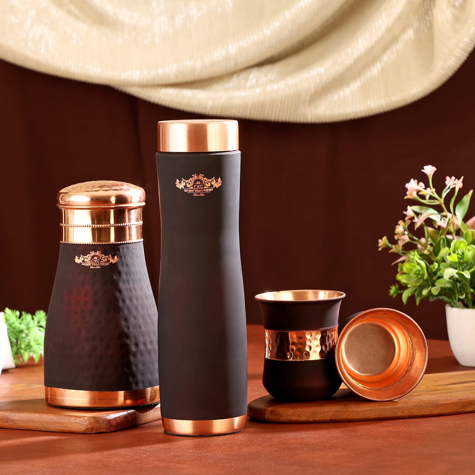 Premium Gift Set Pure Copper Water Bottle Bedside Jar and 2 Glasses - CROCKERY WALA AND COMPANY