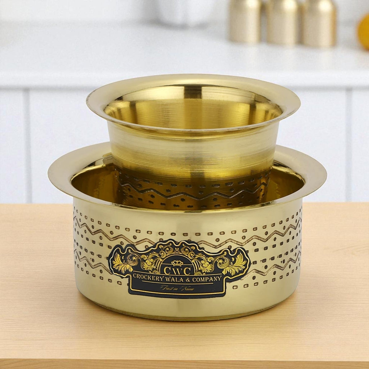 Pure Brass Coffee Dabra Set with Etching Design for Traditional South Indian Coffee Lovers - CROCKERY WALA AND COMPANY