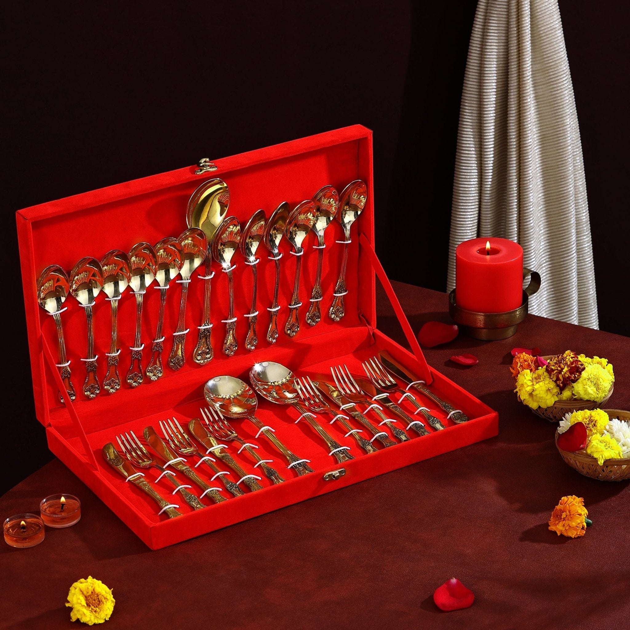 Pure Brass Cutlery Set For Gifting & Dining 27 Pcs Set - CROCKERY WALA AND COMPANY