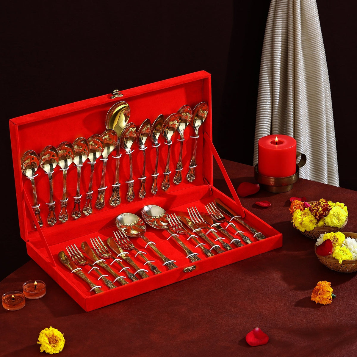 Pure Brass Cutlery Set For Gifting & Dining 27 Pcs Set - CROCKERY WALA AND COMPANY