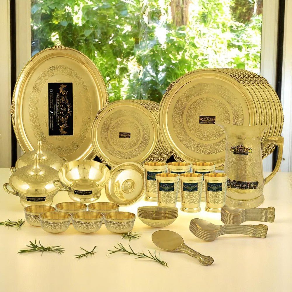 Pure Brass Dinner Set Thali Set Mughal Design 70 Pcs Set