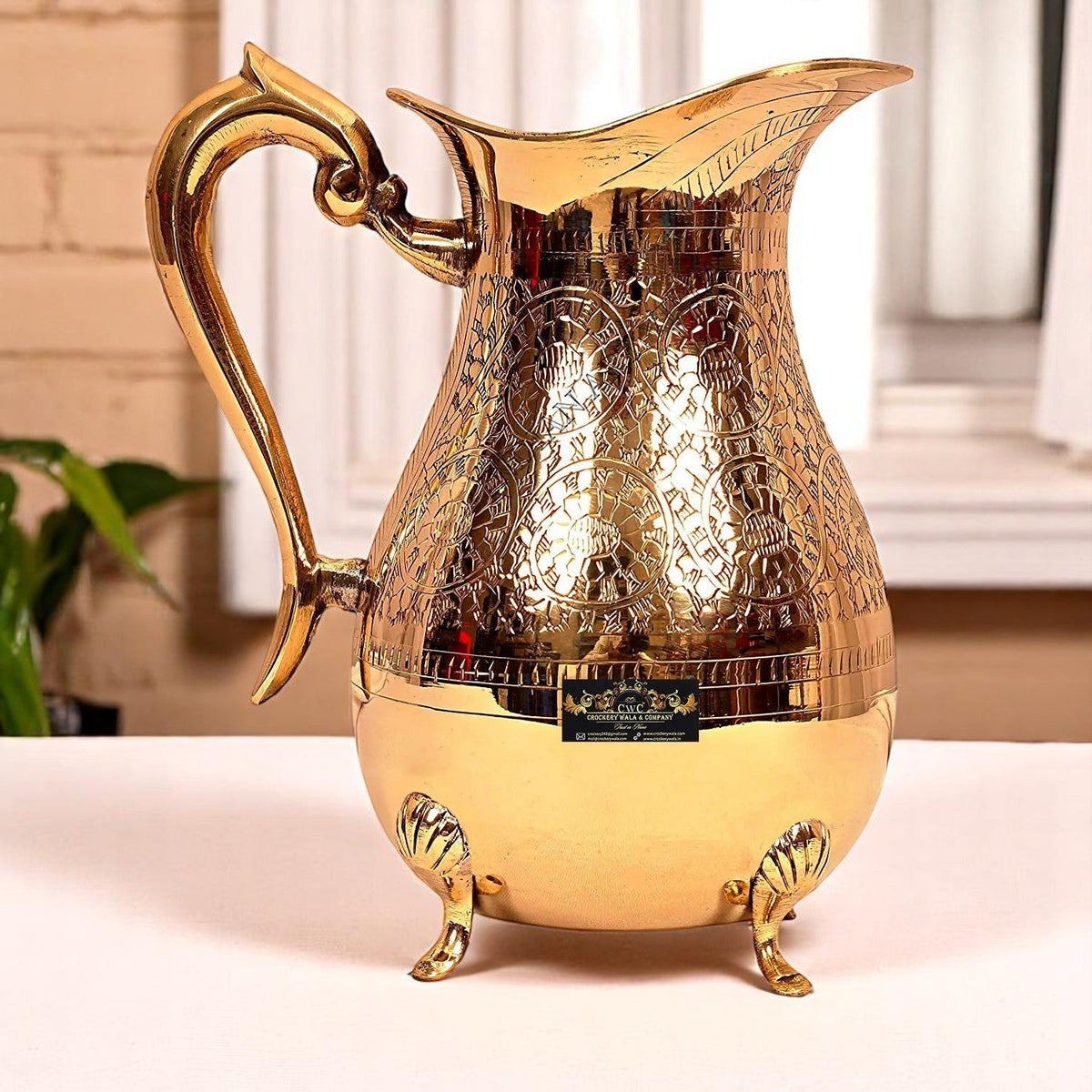 Pure Brass Handmade Jug Pitcher Jar with 4 Legs Decor - CROCKERY WALA AND COMPANY