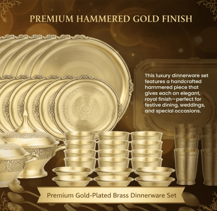 Pure Brass Matte Itching Dinner Set – 70 - Piece - CROCKERY WALA AND COMPANY