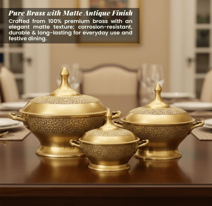 Pure Brass Matte Itching Dinner Set – 70 - Piece - CROCKERY WALA AND COMPANY
