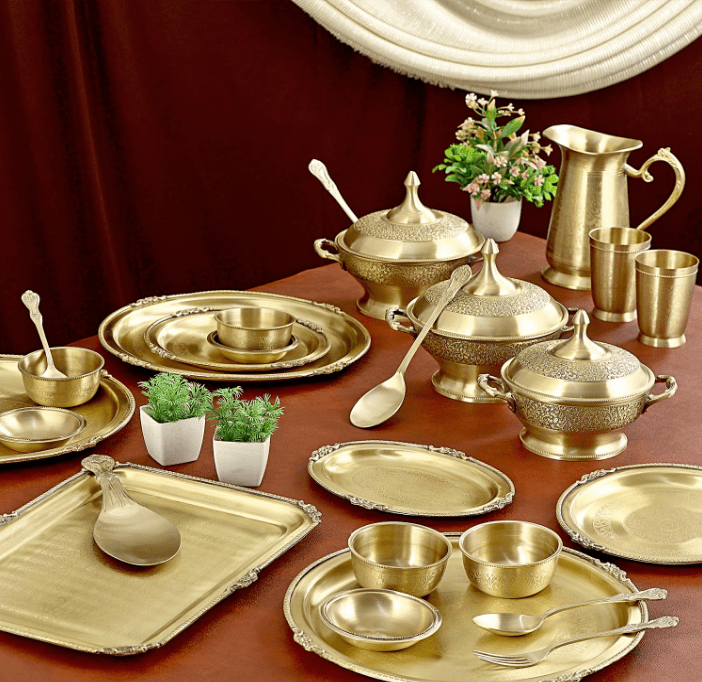 Pure Brass Matte Itching Dinner Set – 70 - Piece - CROCKERY WALA AND COMPANY