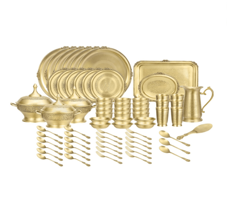 Pure Brass Matte Itching Dinner Set – 70 - Piece - CROCKERY WALA AND COMPANY