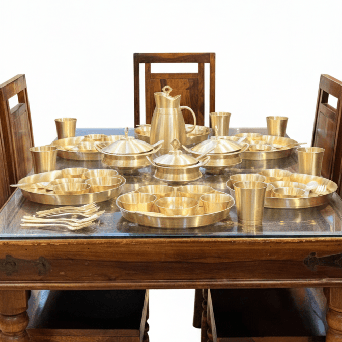 PURE BRASS PARI MATTE FINISH DINNER SET 77PCS - CROCKERY WALA AND COMPANY