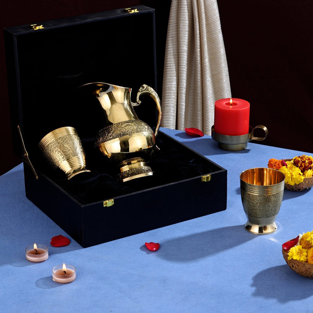 Pure Brass Premium Engraved Jug Set - CROCKERY WALA AND COMPANY