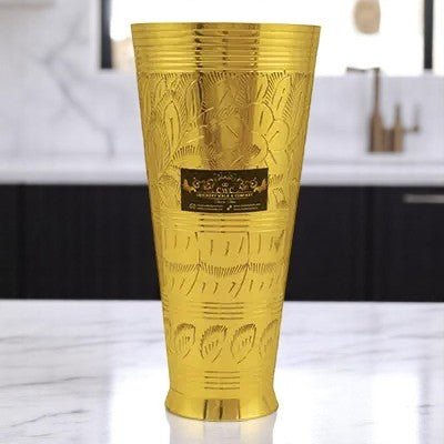 Pure Brass Punjabi Flower Embossed Lassi Glass Tumbler Set - CROCKERY WALA AND COMPANY