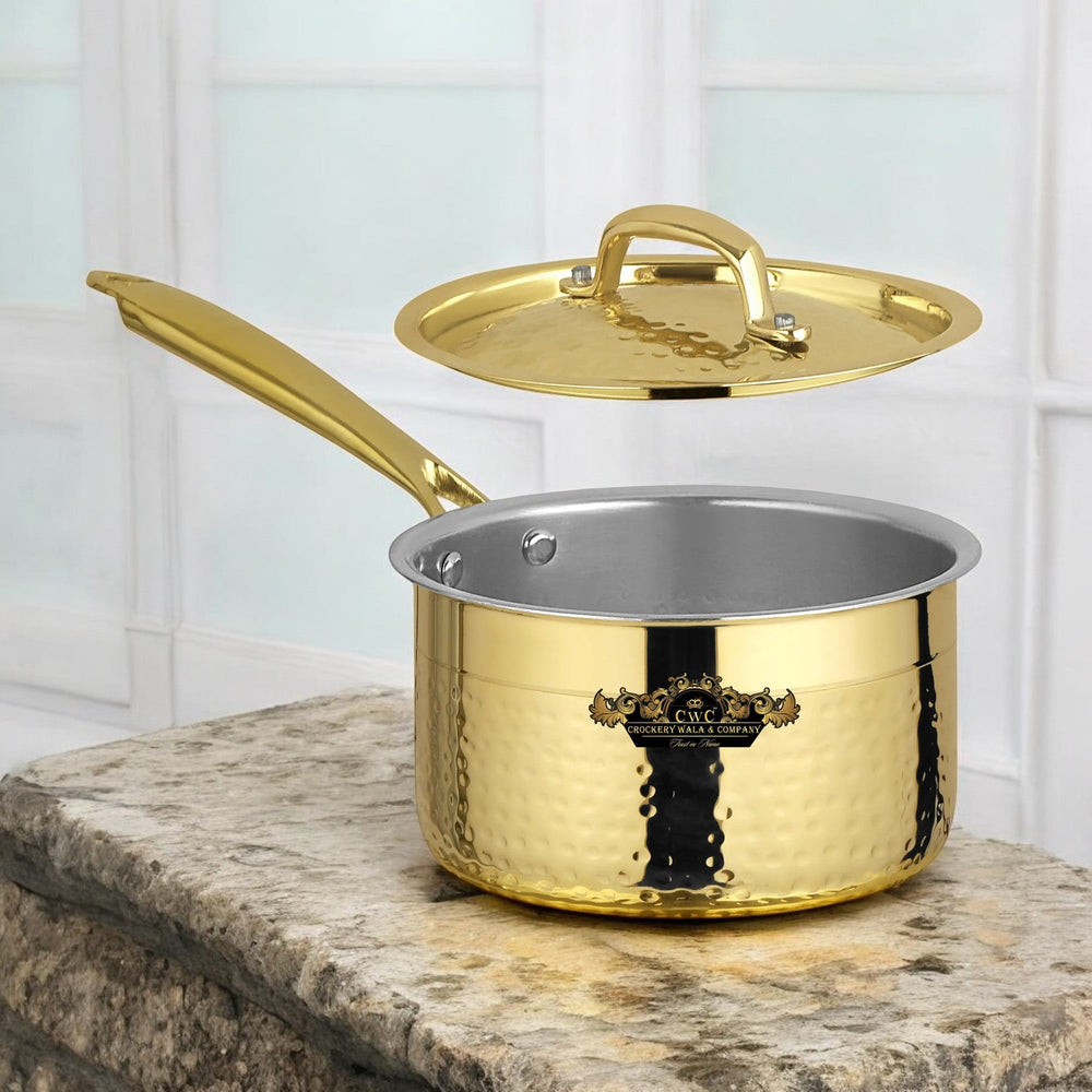 Pure Brass Sauce Pan With Kalai And Lid Hammered Finish - CROCKERY WALA AND COMPANY